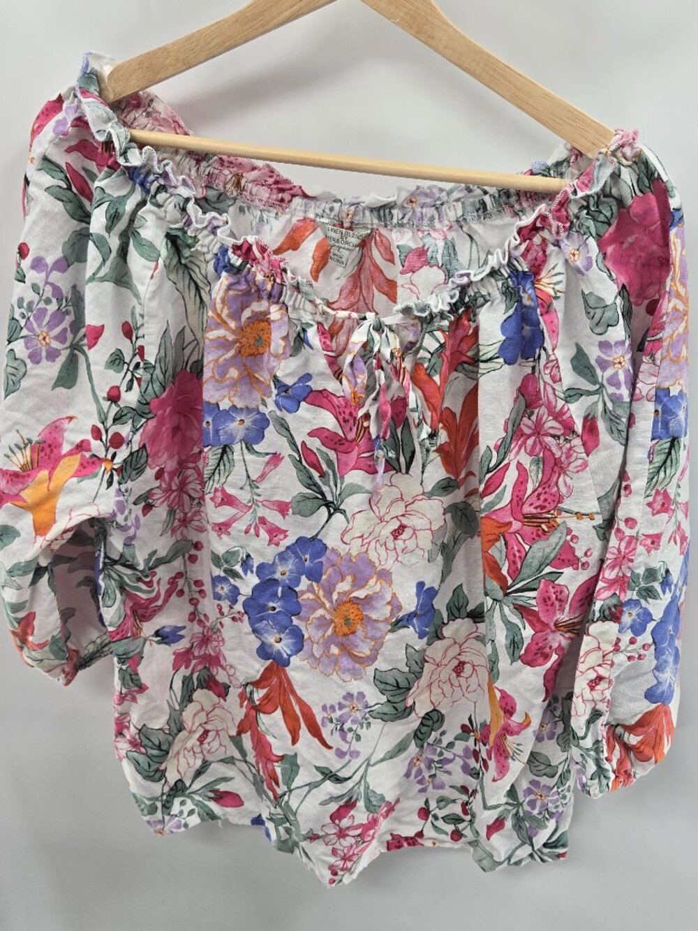 Hester & Orchid Linen Cotton Blend Floral Off Shoulder Blouse Size Large